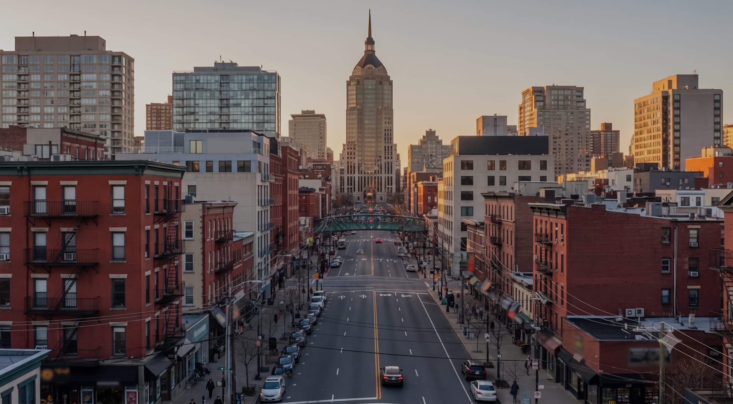 A city avenue receding toward a vanishing point.